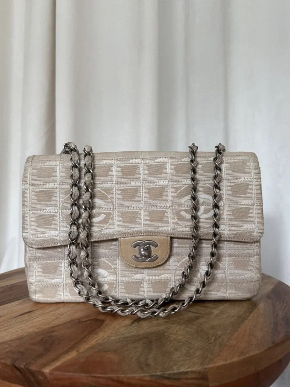 CHANEL Vintage 2003 Travel Line Flap Bag Beige White Silver Chain Medium + Box
